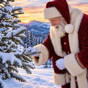 May include: Santa Claus wearing a red velvet coat with white faux fur trim and a matching hat, touching a snow-covered pine tree branch. The figure has a long white beard, wire-rimmed glasses, and white gloves, set against a snowy mountain landscape.