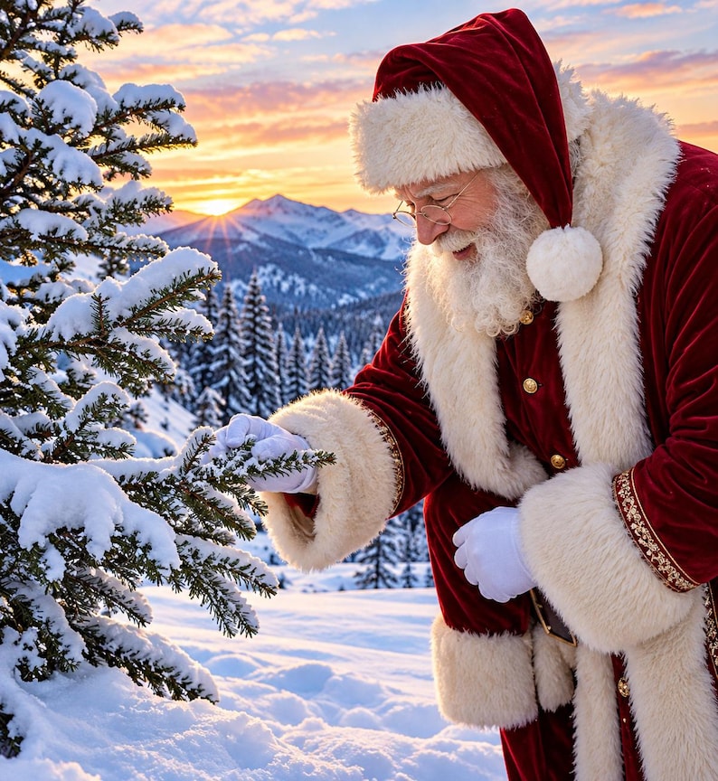 May include: Santa Claus wearing a red velvet coat with white faux fur trim and a matching hat, touching a snow-covered pine tree branch. The figure has a long white beard, wire-rimmed glasses, and white gloves, set against a snowy mountain landscape.