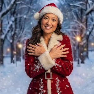 Puede incluir: Un abrigo de terciopelo rojo con ribete de piel sint&eacute;tica blanca en el cuello y los pu&ntilde;os, con bordados de lentejuelas plateadas y un cintur&oacute;n a juego con hebilla rectangular, usado con un gorro de Pap&aacute; Noel rojo y blanco.
