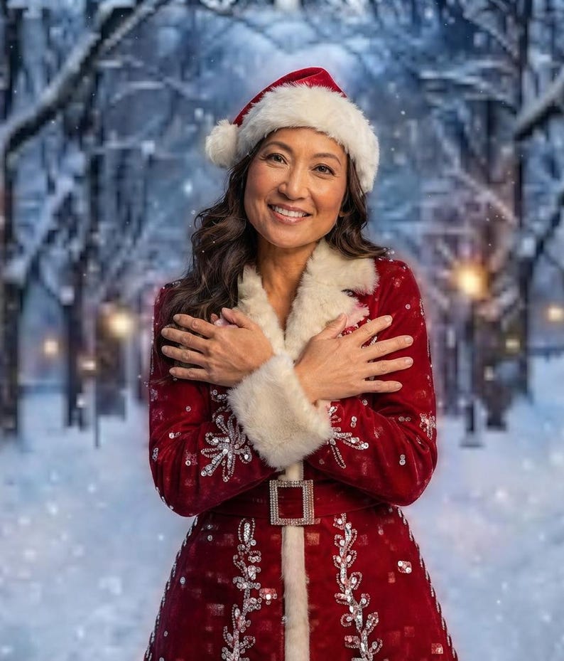 Puede incluir: Un abrigo de terciopelo rojo con ribete de piel sint&eacute;tica blanca en el cuello y los pu&ntilde;os, con bordados de lentejuelas plateadas y un cintur&oacute;n a juego con hebilla rectangular, usado con un gorro de Pap&aacute; Noel rojo y blanco.