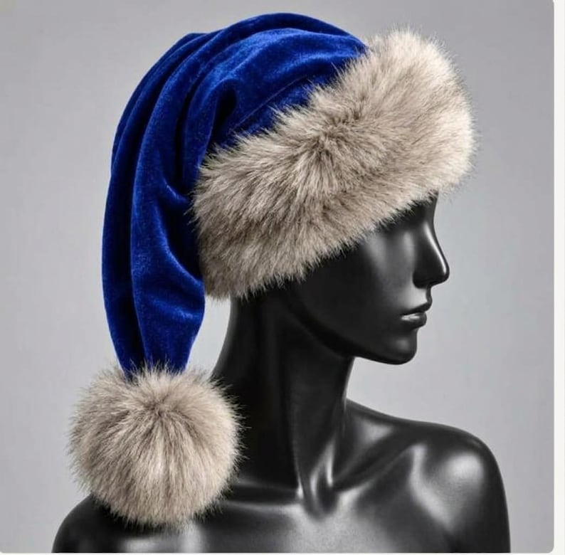 Premium Blue Velvet Christmas Hat with Soft Faux Fur Cuff image 1