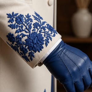 Puede incluir: Un abrigo de color crema con un intrincado bordado floral azul en el pu&ntilde;o de la manga. La prenda se combina con un guante de cuero azul liso y un bast&oacute;n con mango met&aacute;lico, mostrando costuras detalladas y textura de la tela.