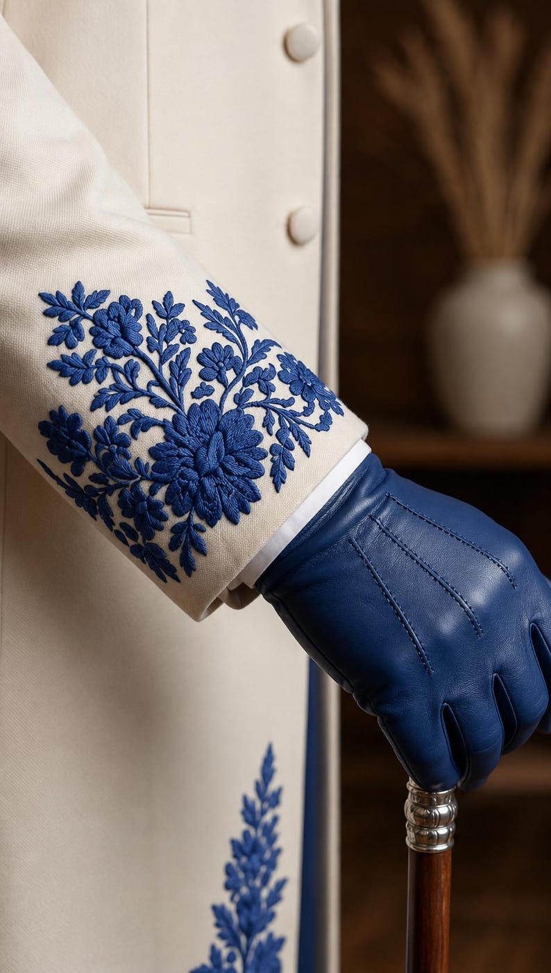 Puede incluir: Un abrigo de color crema con un intrincado bordado floral azul en el pu&ntilde;o de la manga. La prenda se combina con un guante de cuero azul liso y un bast&oacute;n con mango met&aacute;lico, mostrando costuras detalladas y textura de la tela.