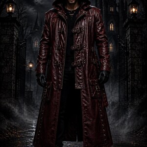 May include: A long, dark red hooded coat featuring multiple buckle straps across the front, large side pockets, and a textured finish. The garment is worn over a black shirt and black trousers, paired with black gloves and black boots.