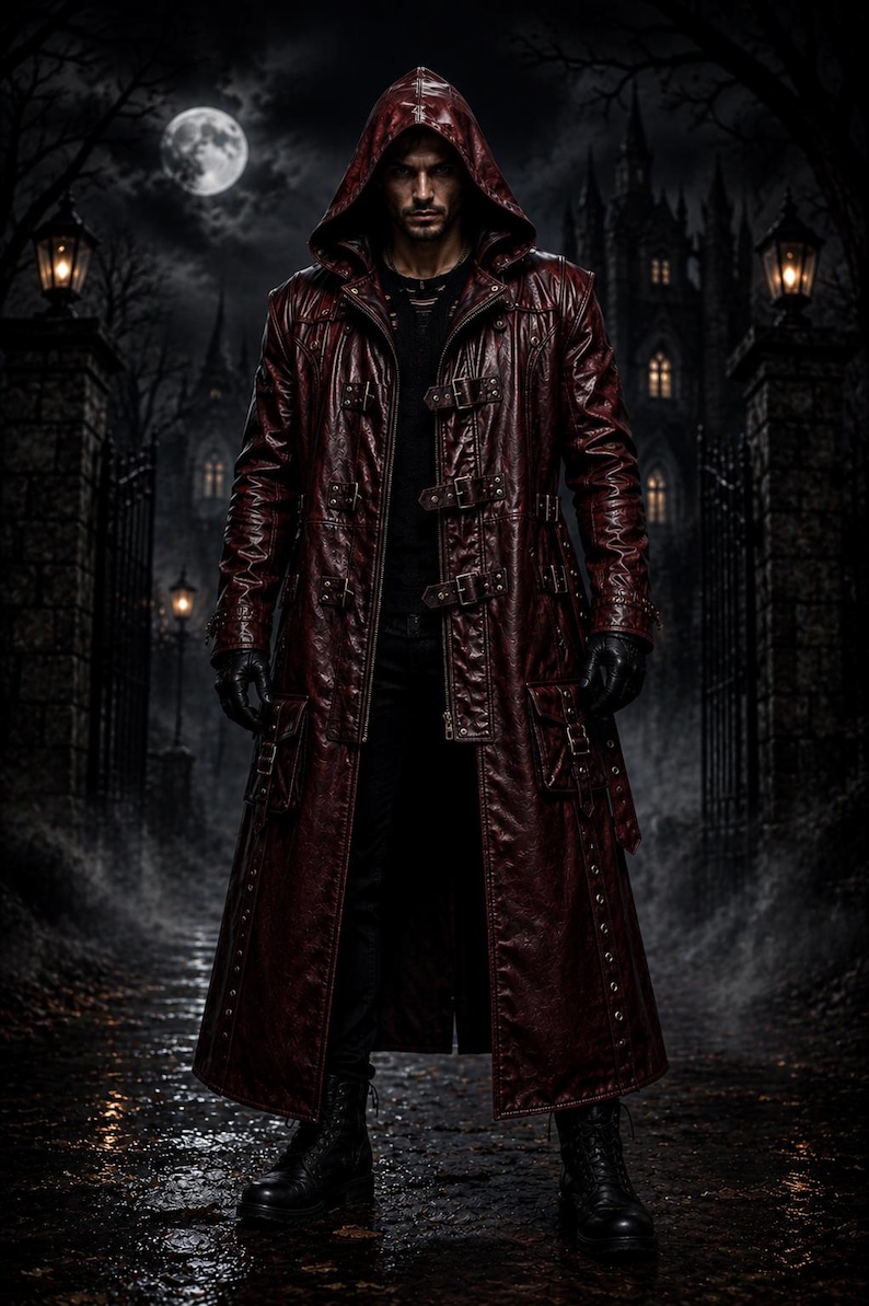 May include: A long, dark red hooded coat featuring multiple buckle straps across the front, large side pockets, and a textured finish. The garment is worn over a black shirt and black trousers, paired with black gloves and black boots.