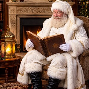 May include: A figure dressed in a white fur-trimmed coat and matching hat, wearing white gloves, sits in a chair reading a large brown leather-bound book with a gold snowflake emblem on the cover. The figure has a long white beard and mustache.