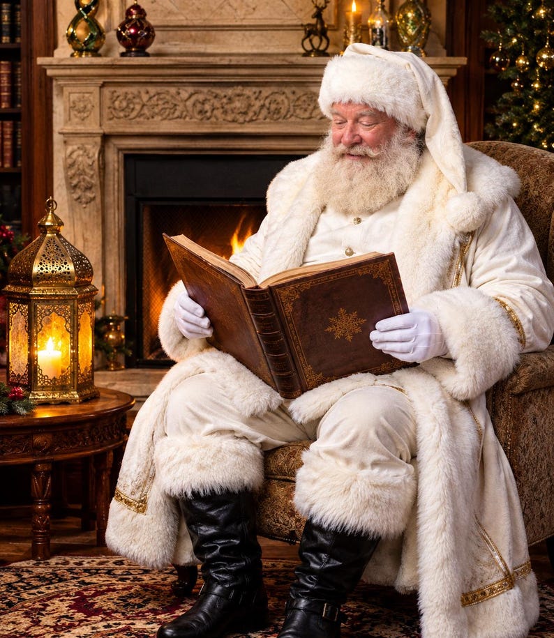 May include: A figure dressed in a white fur-trimmed coat and matching hat, wearing white gloves, sits in a chair reading a large brown leather-bound book with a gold snowflake emblem on the cover. The figure has a long white beard and mustache.