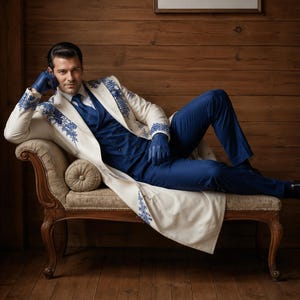 Puede incluir: Un abrigo largo de color crema con bordados florales azules en los hombros y pu&ntilde;os, sobre un chaleco azul, camisa blanca de cuello, corbata azul y pantalones azules. El conjunto se completa con guantes de cuero azul y zapatos de vestir oscuros.