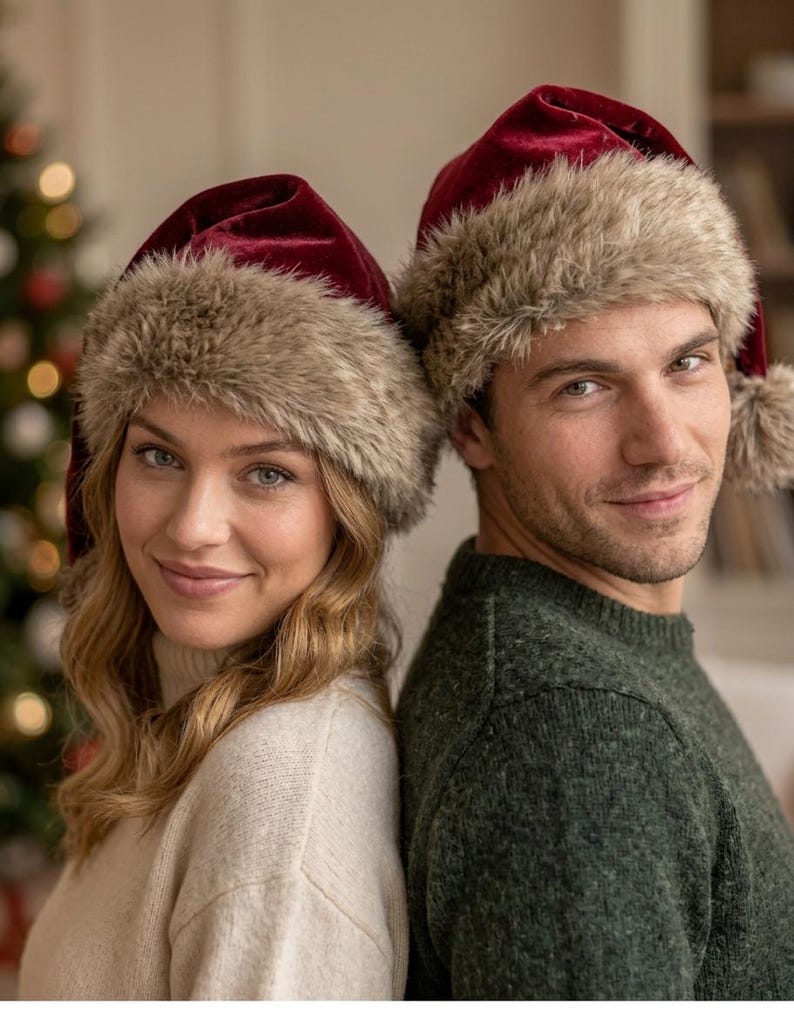Puede incluir: Dos gorros de Pap&aacute; Noel de terciopelo rojo intenso con un borde grueso de piel sint&eacute;tica beige texturizada en la base y un pomp&oacute;n de piel sint&eacute;tica a juego en la punta. Est&aacute;n confeccionados con una tela suave y afelpada.
