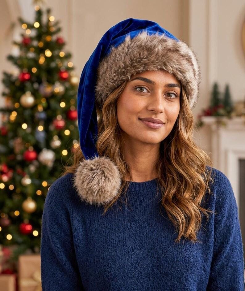Premium Blue Velvet Christmas Hat with Soft Faux Fur Cuff image 3