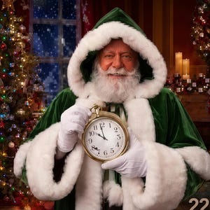 May include: A person dressed as Santa Claus in a green velvet hooded robe with white faux fur trim, wearing white gloves and holding a gold-toned round pocket watch with a white face and black numerals, showing the time at ten past ten.