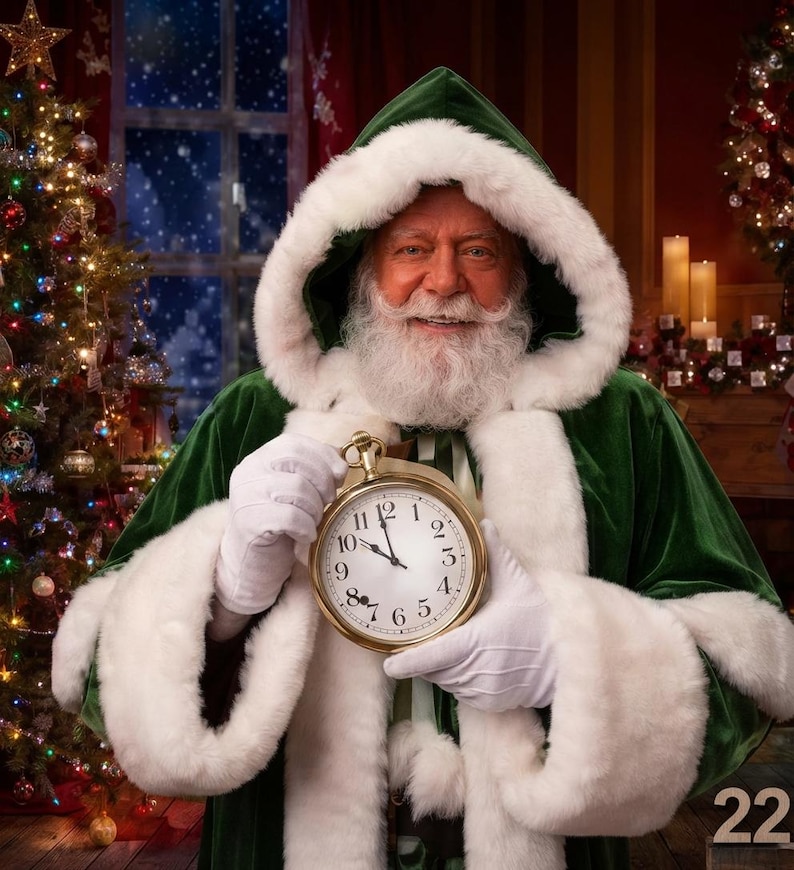 May include: A person dressed as Santa Claus in a green velvet hooded robe with white faux fur trim, wearing white gloves and holding a gold-toned round pocket watch with a white face and black numerals, showing the time at ten past ten.