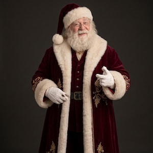 May include: A Santa Claus figure wearing a deep burgundy velvet coat and matching hat, both trimmed with thick white faux fur. The coat features gold embroidery along the cuffs and hem, a dark belt with a buckle, and white gloves.