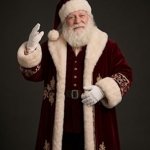 May include: A Santa Claus costume featuring a deep red velvet coat and matching hat, both trimmed with thick cream-colored faux fur. The coat displays intricate gold embroidery on the sleeves and is cinched with a black belt featuring a gold buckle.