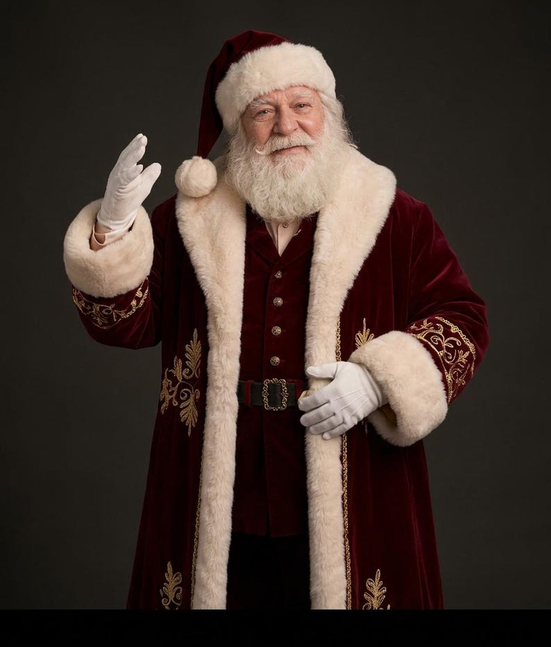 May include: A Santa Claus costume featuring a deep red velvet coat and matching hat, both trimmed with thick cream-colored faux fur. The coat displays intricate gold embroidery on the sleeves and is cinched with a black belt featuring a gold buckle.