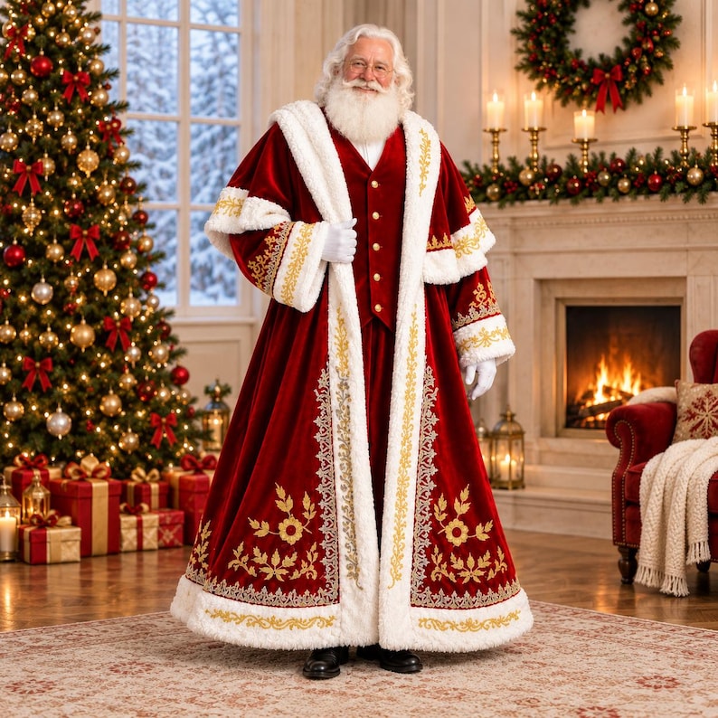 May include: A floor-length red velvet coat with white faux fur trim and gold embroidery. The coat features a matching vest with gold buttons, a capelet overlay, and long sleeves. The garment is worn with white gloves and a white beard and wig.