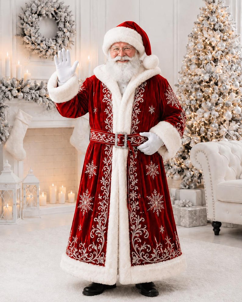 May include: A long red velvet coat with white faux fur trim, featuring silver snowflake embroidery and scrolling patterns. The coat includes a matching red hat with a white pom-pom, a wide belt with a silver buckle, and white gloves.