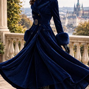 May include: A long, deep blue velvet coat featuring a wide collar with faux fur trim, matching faux fur cuffs, and a belted waist with a gold-toned buckle. The coat has a flared, floor-length skirt and is paired with black leather boots.