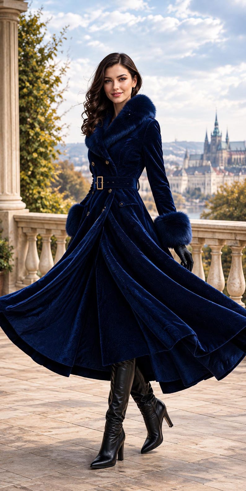 May include: A long, deep blue velvet coat featuring a wide collar with faux fur trim, matching faux fur cuffs, and a belted waist with a gold-toned buckle. The coat has a flared, floor-length skirt and is paired with black leather boots.