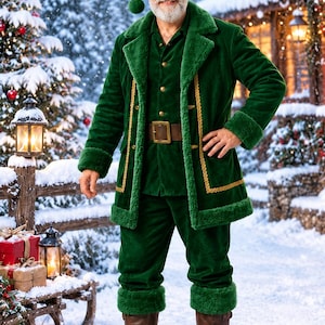 May include: A dark green velvet coat and matching trousers featuring thick green faux fur trim on the cuffs, collar, and hem. The coat includes gold braided trim, a brown leather belt with a gold buckle, and a matching green velvet hat.