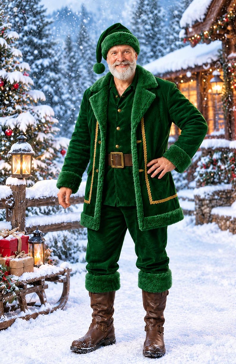 May include: A dark green velvet coat and matching trousers featuring thick green faux fur trim on the cuffs, collar, and hem. The coat includes gold braided trim, a brown leather belt with a gold buckle, and a matching green velvet hat.