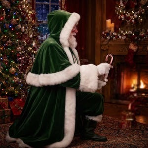 May include: A figure dressed in a deep green velvet hooded cloak with thick white faux fur trim along the edges, hood, and cuffs. The figure wears white gloves and holds a red and white striped candy cane while kneeling on a patterned rug.