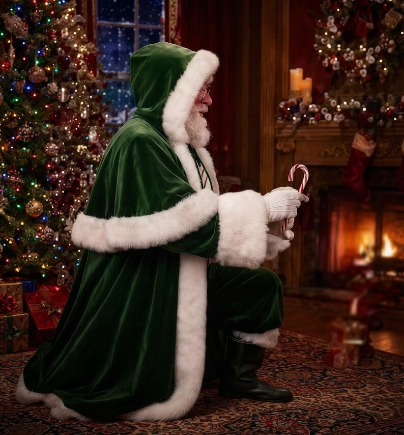 May include: A figure dressed in a deep green velvet hooded cloak with thick white faux fur trim along the edges, hood, and cuffs. The figure wears white gloves and holds a red and white striped candy cane while kneeling on a patterned rug.
