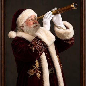 May include: A figure with a white beard and glasses wears a deep red velvet coat with white faux fur trim and gold embroidery, holding a brass telescope to their eye while wearing white gloves, framed in a dark brown wooden border.