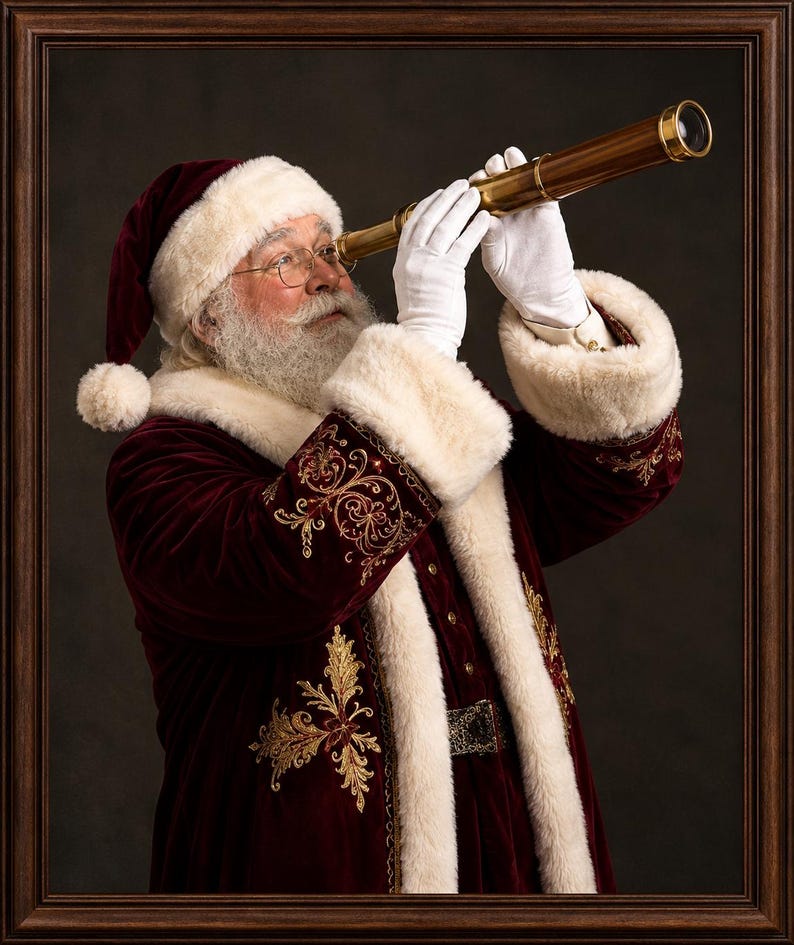 May include: A figure with a white beard and glasses wears a deep red velvet coat with white faux fur trim and gold embroidery, holding a brass telescope to their eye while wearing white gloves, framed in a dark brown wooden border.