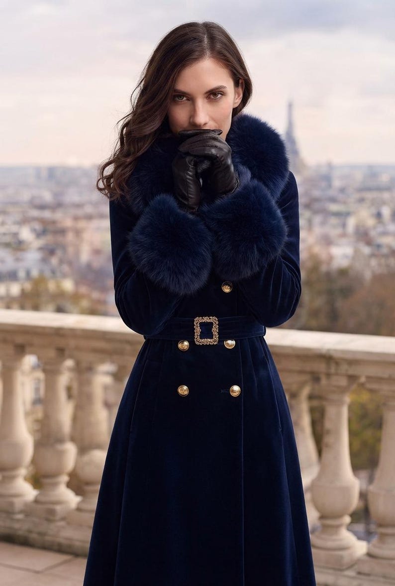 May include: A long navy blue velvet coat featuring a large faux fur collar and matching fur cuffs. The coat is double-breasted with gold-toned buttons and includes a matching fabric belt secured by a rectangular gold-toned buckle with crystal accents.