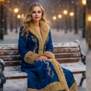 May include: A long blue coat with a thick tan faux fur lining and trim along the collar, cuffs, and hem. The coat features intricate silver embroidery detailing along the front panels and is worn by a person with long blonde hair.
