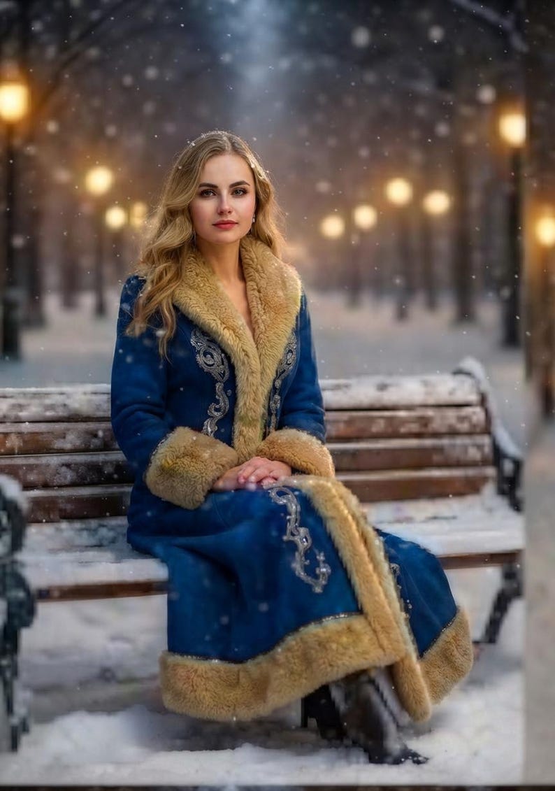 May include: A long blue coat with a thick tan faux fur lining and trim along the collar, cuffs, and hem. The coat features intricate silver embroidery detailing along the front panels and is worn by a person with long blonde hair.