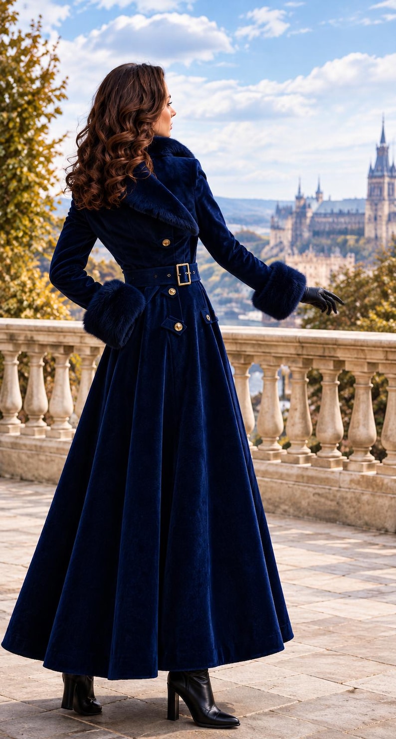 May include: A floor-length navy blue velvet coat featuring a wide collar, long sleeves with fur cuffs, and a belted waist with a gold buckle. The coat is adorned with gold buttons along the front and at the waist, and it has a flared skirt silhouette.