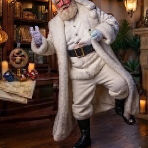 May include: A figure dressed in a long white faux fur coat, matching white trousers, and a white fur hat. The outfit includes a black leather belt with a gold buckle, black leather boots, and light blue gloves. The figure has a white beard.
