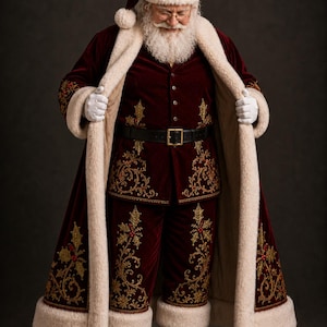 May include: A Santa Claus figure wearing a deep burgundy velvet coat and matching trousers with gold embroidered holly leaf patterns. The coat features a thick cream-colored faux fur trim, and the outfit includes a black belt and white gloves.