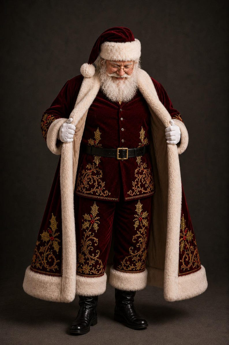 May include: A Santa Claus figure wearing a deep burgundy velvet coat and matching trousers with gold embroidered holly leaf patterns. The coat features a thick cream-colored faux fur trim, and the outfit includes a black belt and white gloves.