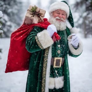 May include: A figure dressed in a dark green velvet coat with white fur trim, a matching hat, and a brown belt with a gold buckle. The figure wears white gloves and carries a large red sack over one shoulder, topped with a wrapped gift box.