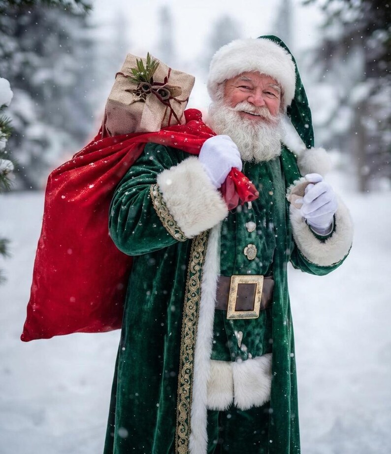 May include: A figure dressed in a dark green velvet coat with white fur trim, a matching hat, and a brown belt with a gold buckle. The figure wears white gloves and carries a large red sack over one shoulder, topped with a wrapped gift box.