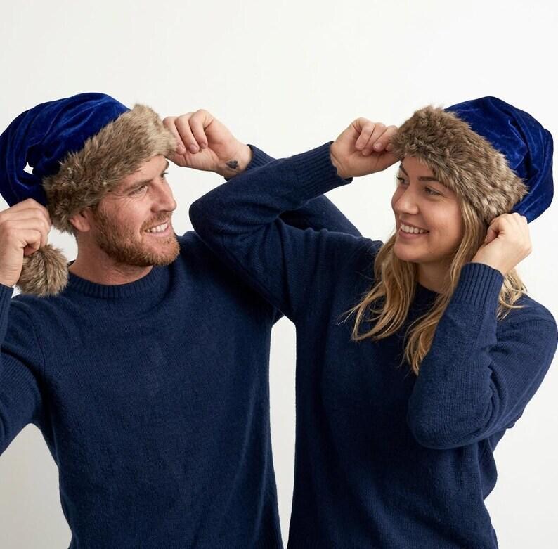 Premium Blue Velvet Christmas Hat with Soft Faux Fur Cuff image 10