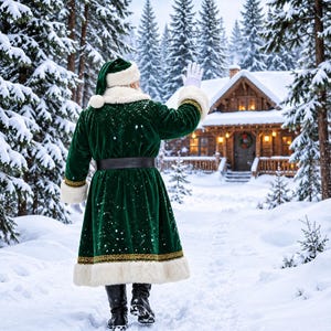 May include: A figure wearing a long, deep green velvet coat with white faux fur trim, a matching hat, and black boots, standing in a snowy forest. The figure has one arm raised in a waving gesture, wearing white gloves, facing a wooden cabin.