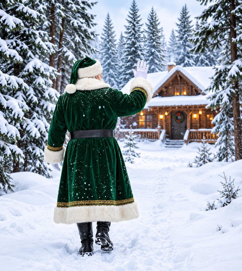 May include: A figure wearing a long, deep green velvet coat with white faux fur trim, a matching hat, and black boots, standing in a snowy forest. The figure has one arm raised in a waving gesture, wearing white gloves, facing a wooden cabin.