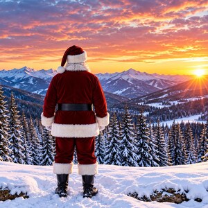 May include: Santa Claus stands facing a snow-covered mountain range at sunset. He wears a red velvet suit with white fur trim, a matching hat, a black belt, and black boots. The scene includes snow-dusted pine trees under a vibrant sky.