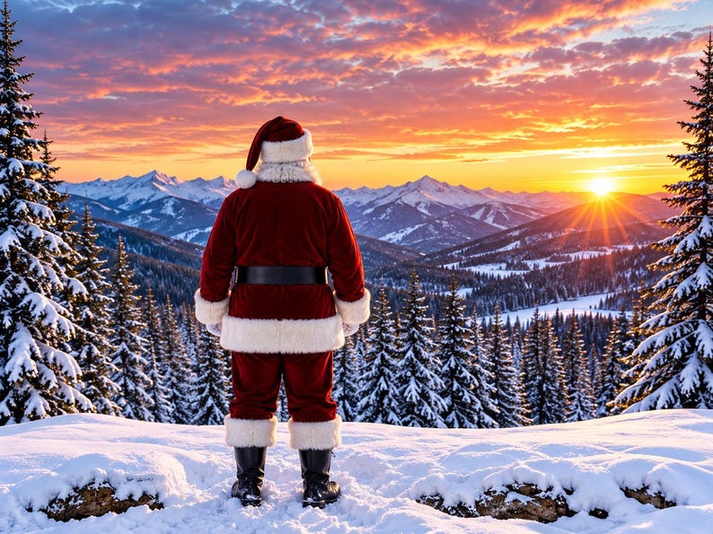 May include: Santa Claus stands facing a snow-covered mountain range at sunset. He wears a red velvet suit with white fur trim, a matching hat, a black belt, and black boots. The scene includes snow-dusted pine trees under a vibrant sky.