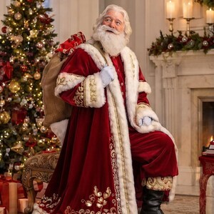 May include: A figure dressed in a long, deep red velvet coat with white faux fur trim and gold embroidery, wearing black leather boots and white gloves, carrying a brown burlap sack over one shoulder while standing in a room with a Christmas tree.