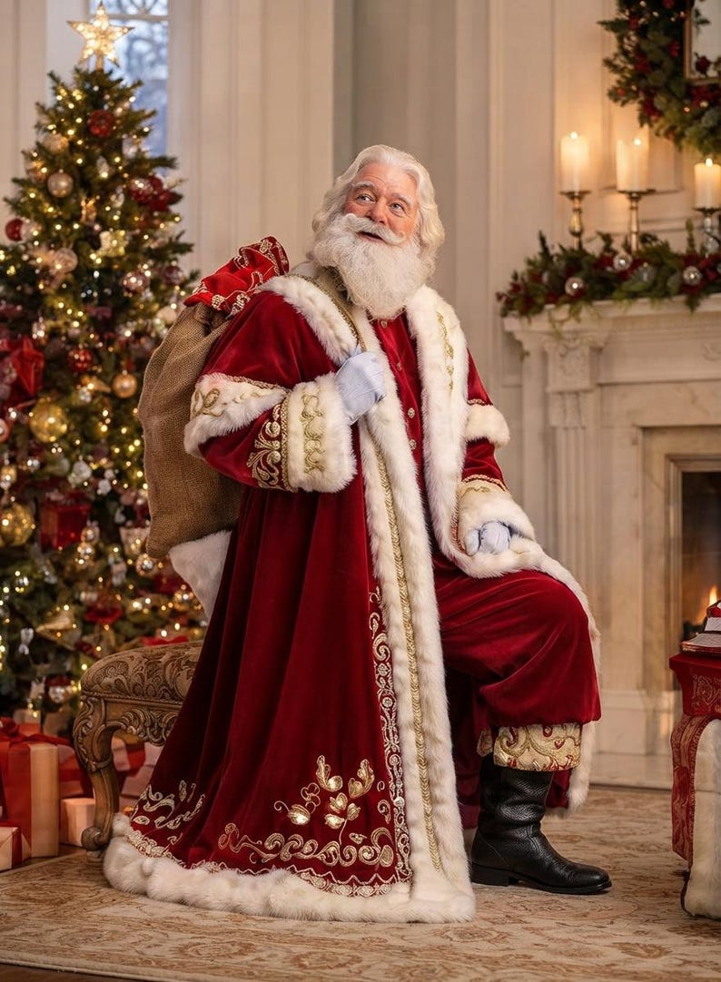 May include: A figure dressed in a long, deep red velvet coat with white faux fur trim and gold embroidery, wearing black leather boots and white gloves, carrying a brown burlap sack over one shoulder while standing in a room with a Christmas tree.