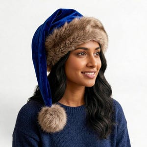 Premium Blue Velvet Christmas Hat with Soft Faux Fur Cuff image 12