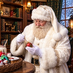 May include: Santa Claus wearing a white fur-trimmed coat and hat, holding a small paintbrush and painting a red Christmas ornament. The ornament features gold lines and a green tree design. White gloves are worn while working at a wooden table.