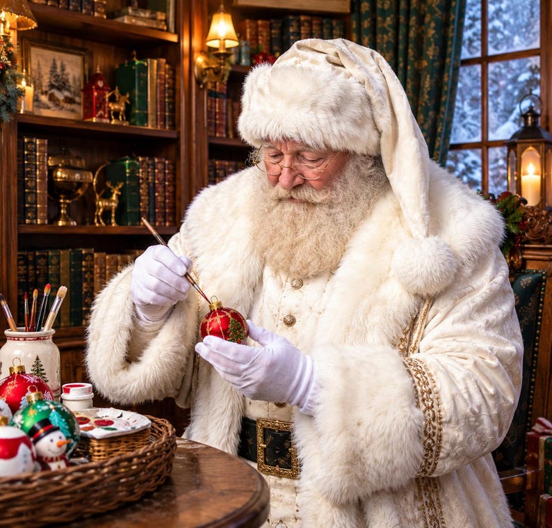 May include: Santa Claus wearing a white fur-trimmed coat and hat, holding a small paintbrush and painting a red Christmas ornament. The ornament features gold lines and a green tree design. White gloves are worn while working at a wooden table.