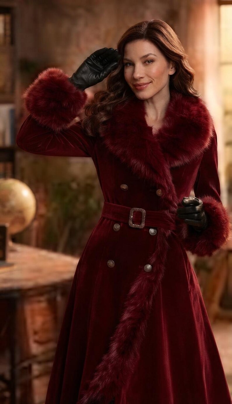 May include: A deep burgundy velvet coat featuring a wide faux fur collar, matching faux fur cuffs, and a double-breasted front with metallic buttons. The coat includes a matching velvet belt with a rectangular buckle and faux fur trim along the hem.