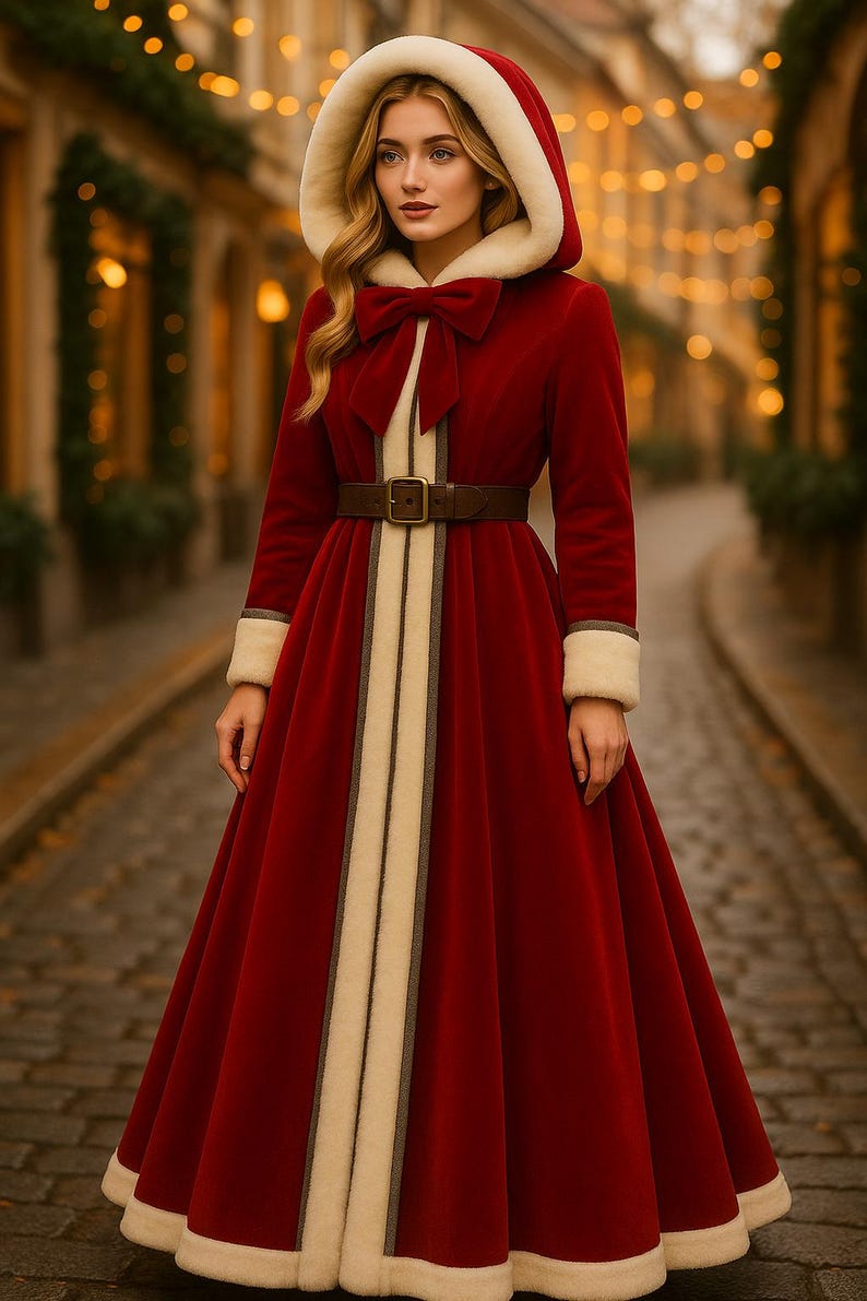 May include: A floor-length deep red velvet coat featuring a large hood with cream-colored faux fur trim, long sleeves with matching fur cuffs, a central cream-colored trim, a large red bow at the neckline, and a brown leather belt with a buckle.